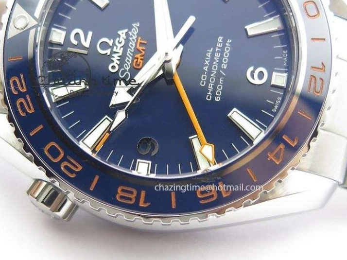 0220 Planet Ocean GMT 43.5mm V6F Goodplanet Orange Marker Blue Dial On SS Bracelet A ModernLook 8215